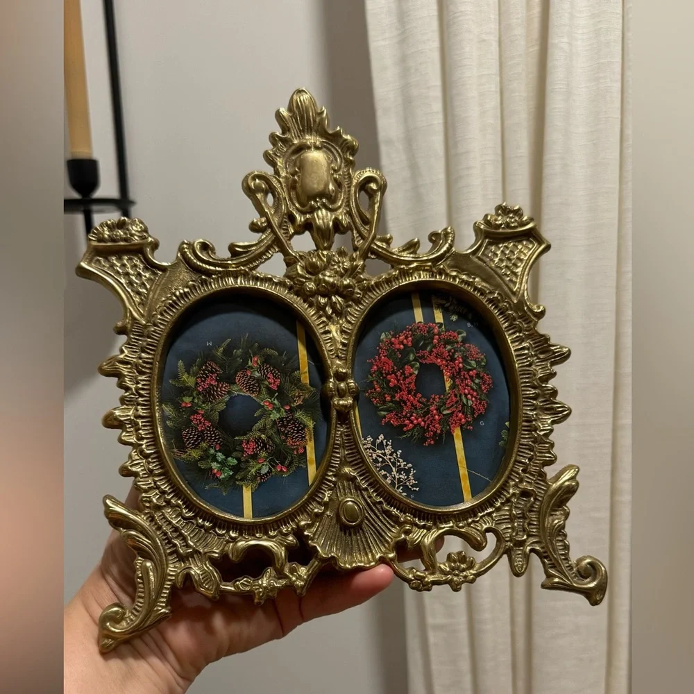 Vintage Victorian Style Brass Ornate Oval Double Photo Easel Picture Frame